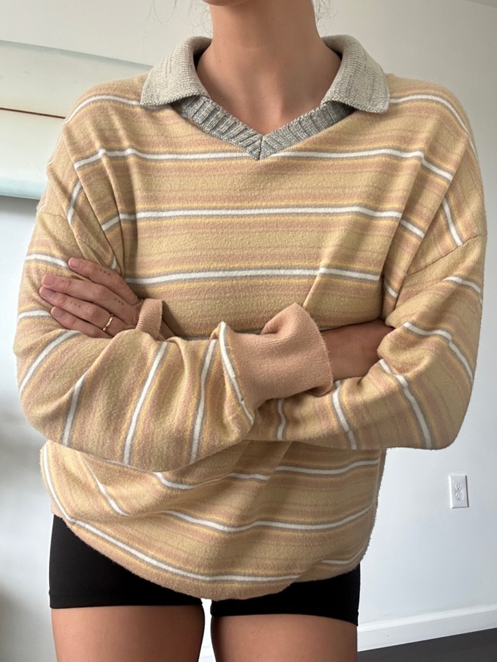 BDG Striped Collared Sweater Shirt in Mustard and Cream